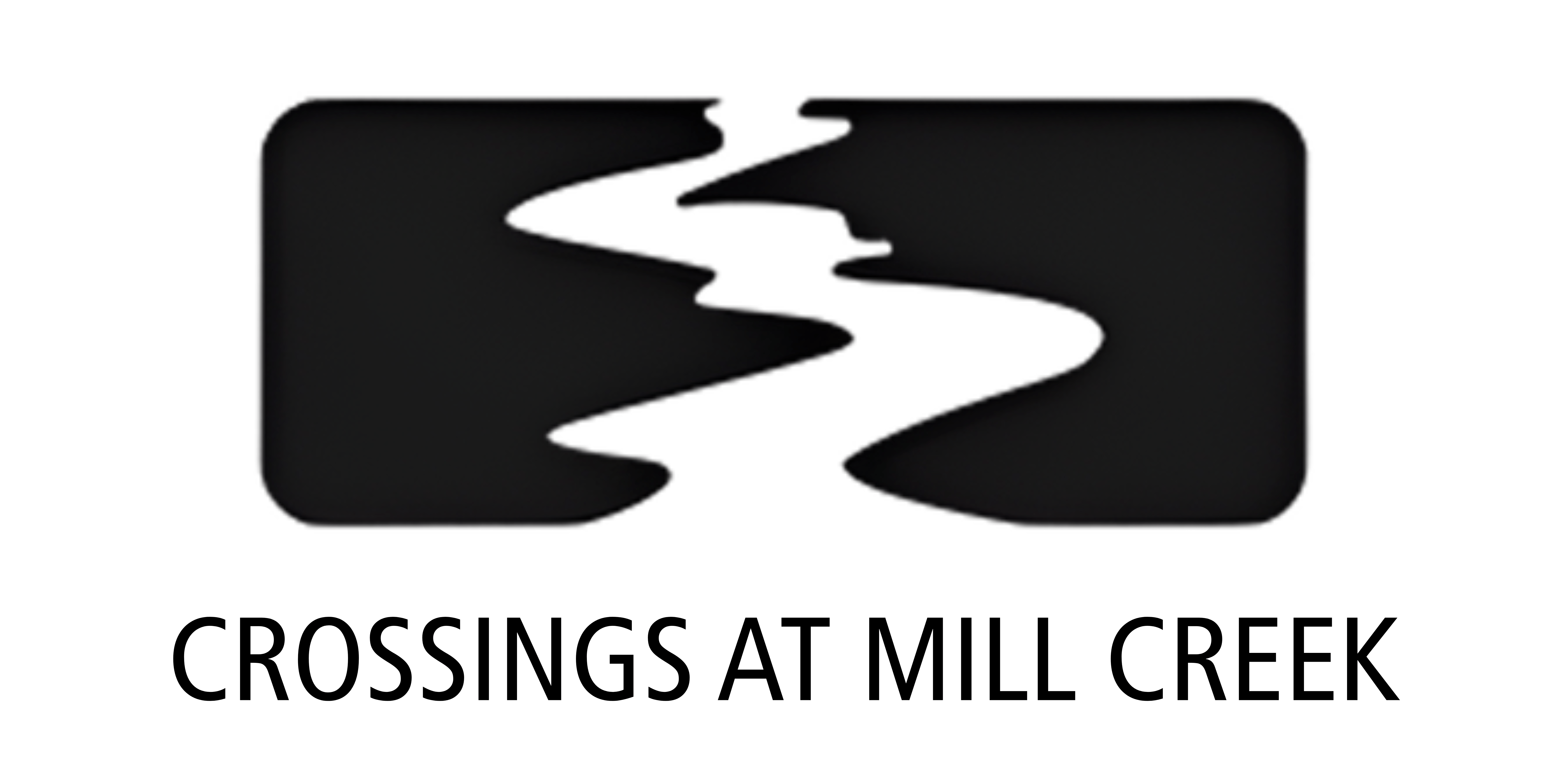 A black and white image of a creek with the words "Crossings at Mill Creek" written below it.